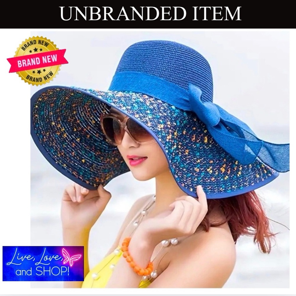 HAT: Straw Wide Brim Blue & Multi Color w/Decorative Bow, NWOT